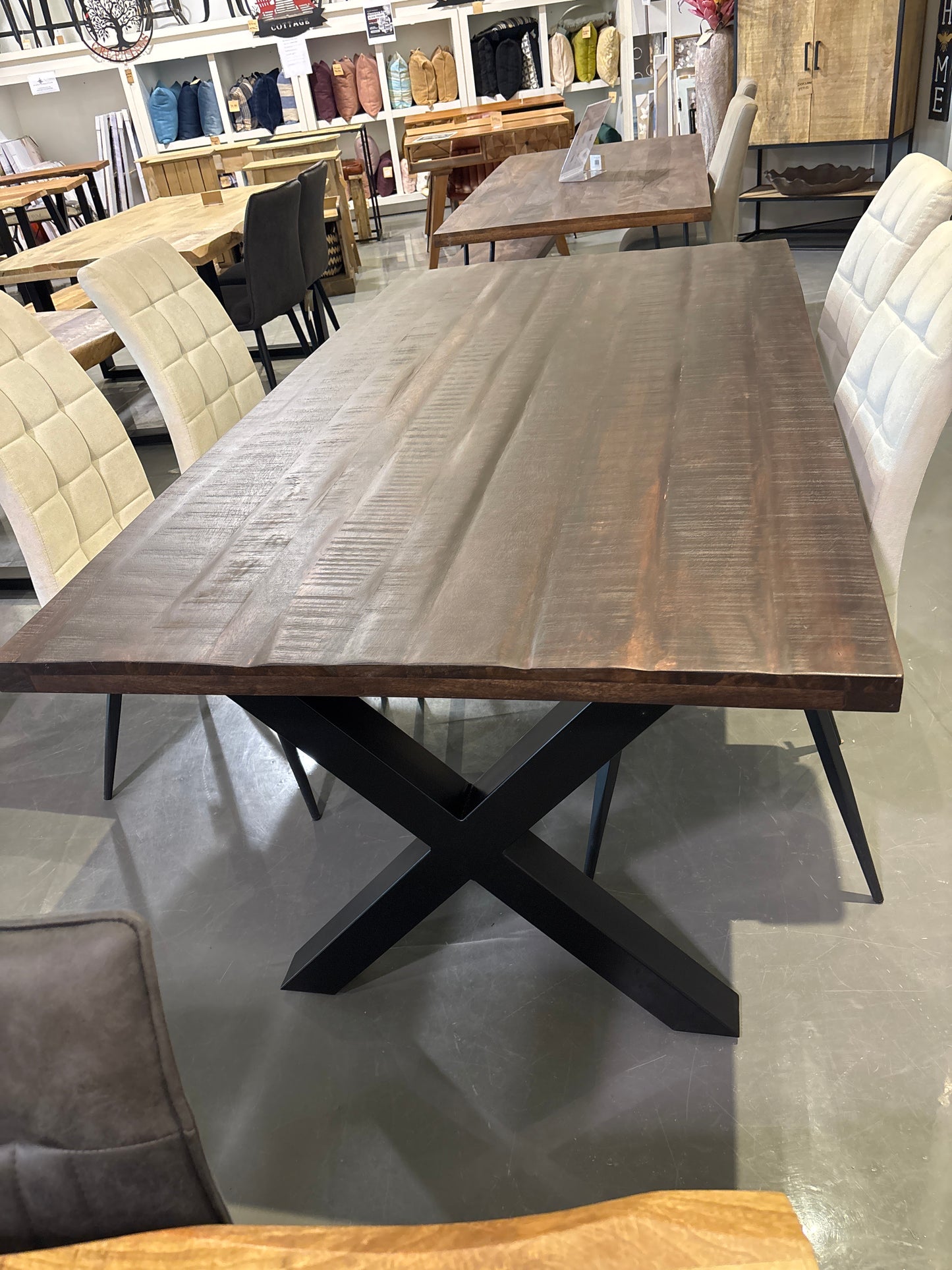 Frontier Chocolate 75 inch mango wood Rectangle Dining Table metal X legs