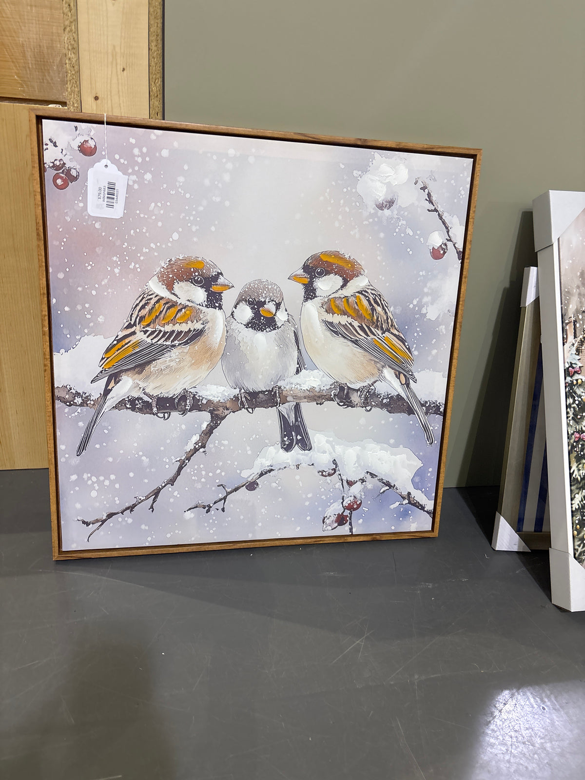 Winter Sparrows on Snowy Branch Framed Art