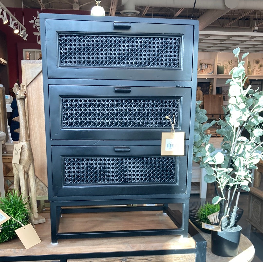 Alena Cane Black 3 drawer nightstand