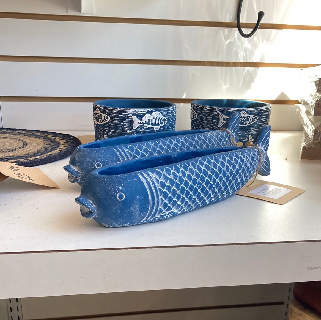Long blue fish planter
