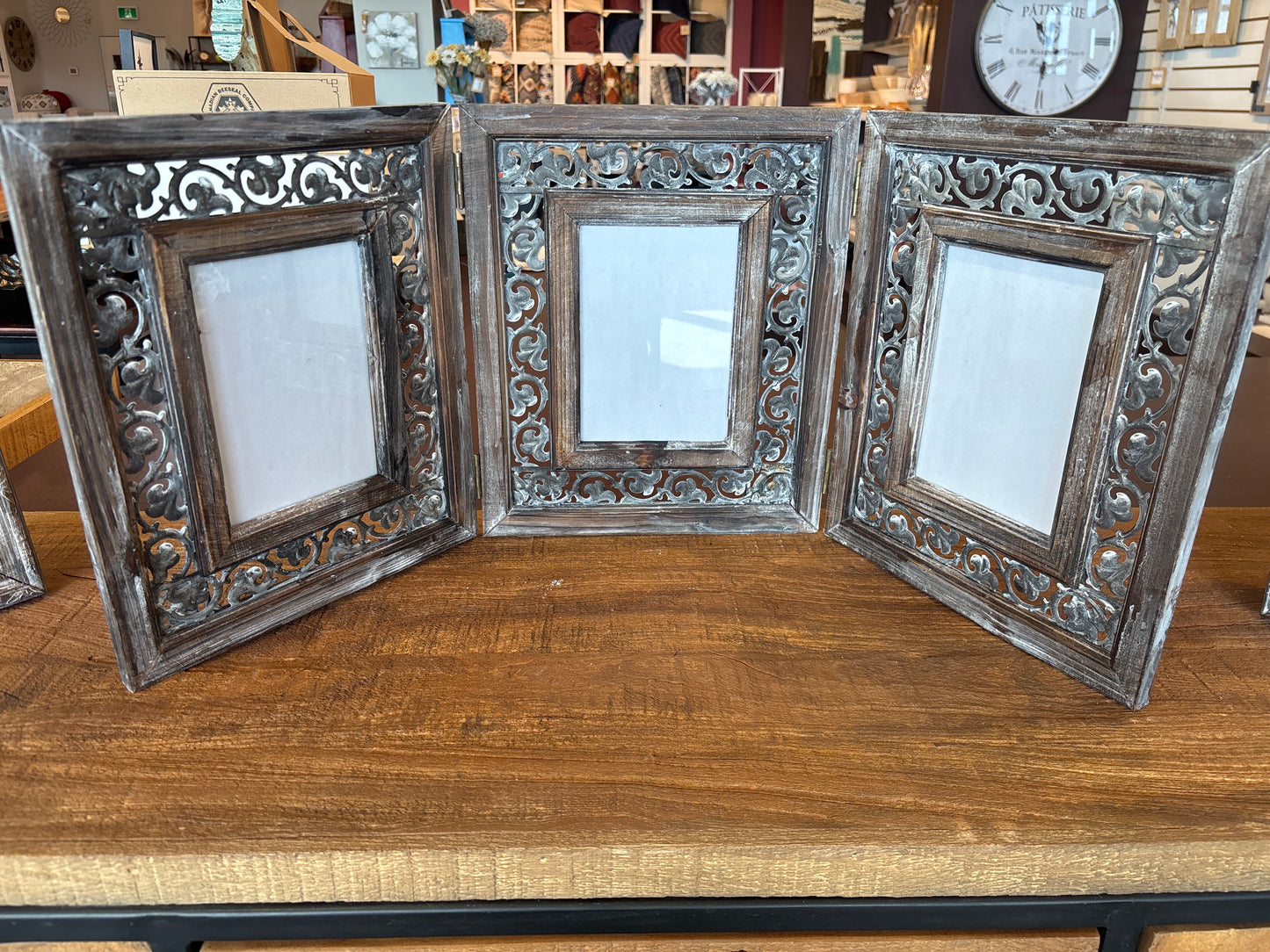 Wood And Metal Tri-Fold Photo Frame