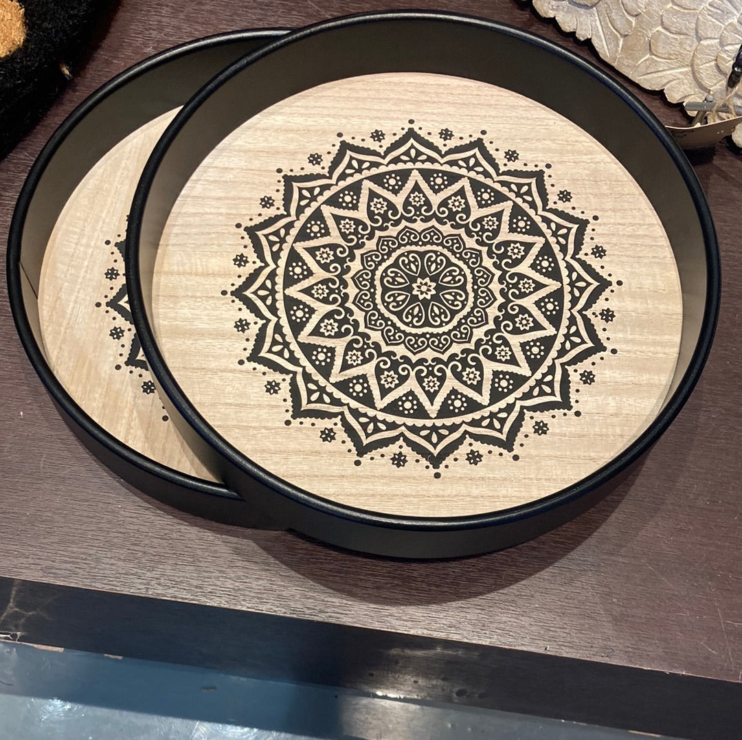 Round mandala print wood decorative tray