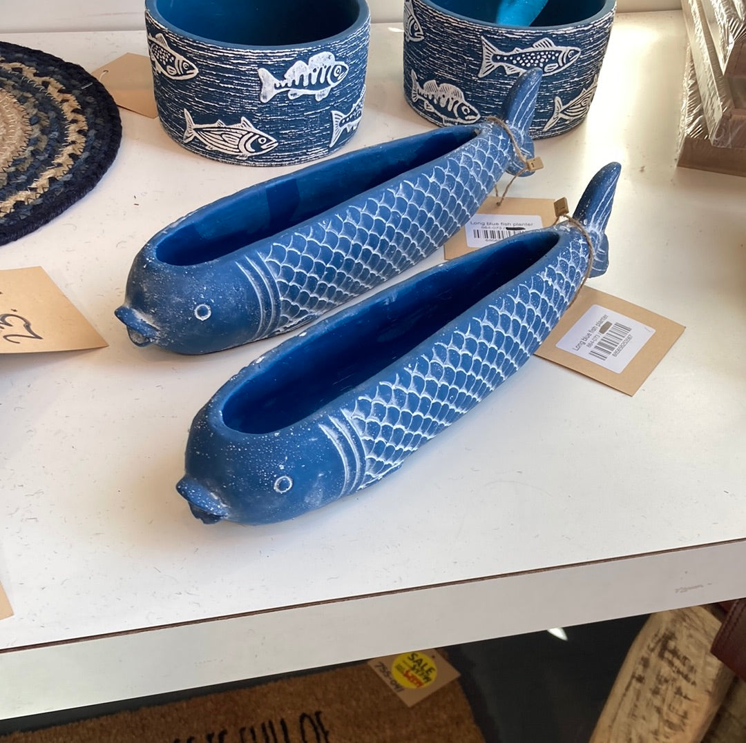 Long blue fish planter
