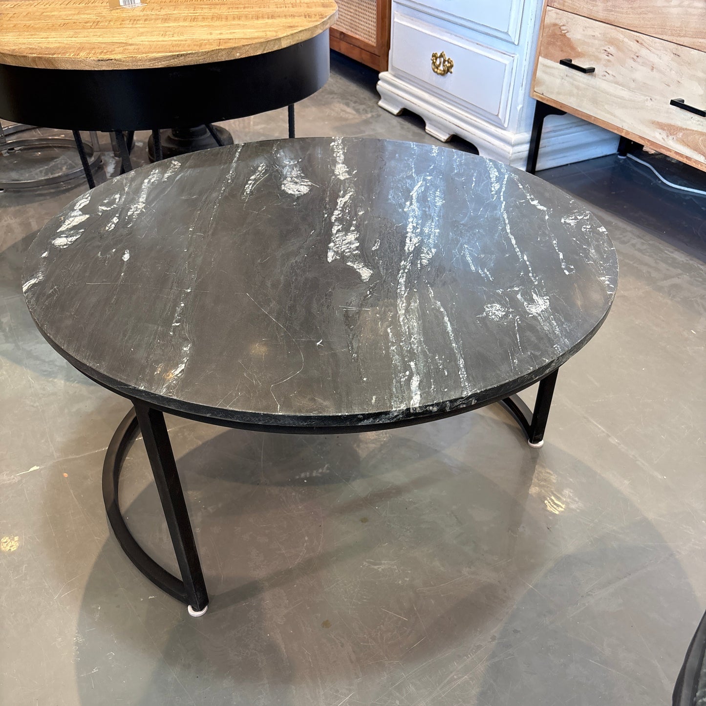 Black Marble round coffee table half moon base