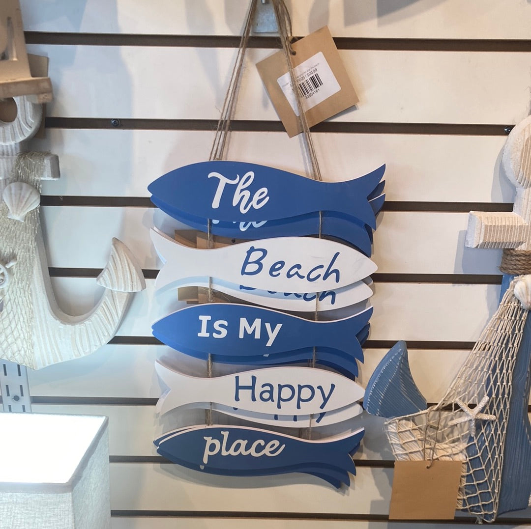 Wooden coastal hanging fish sign the beach is my happy place