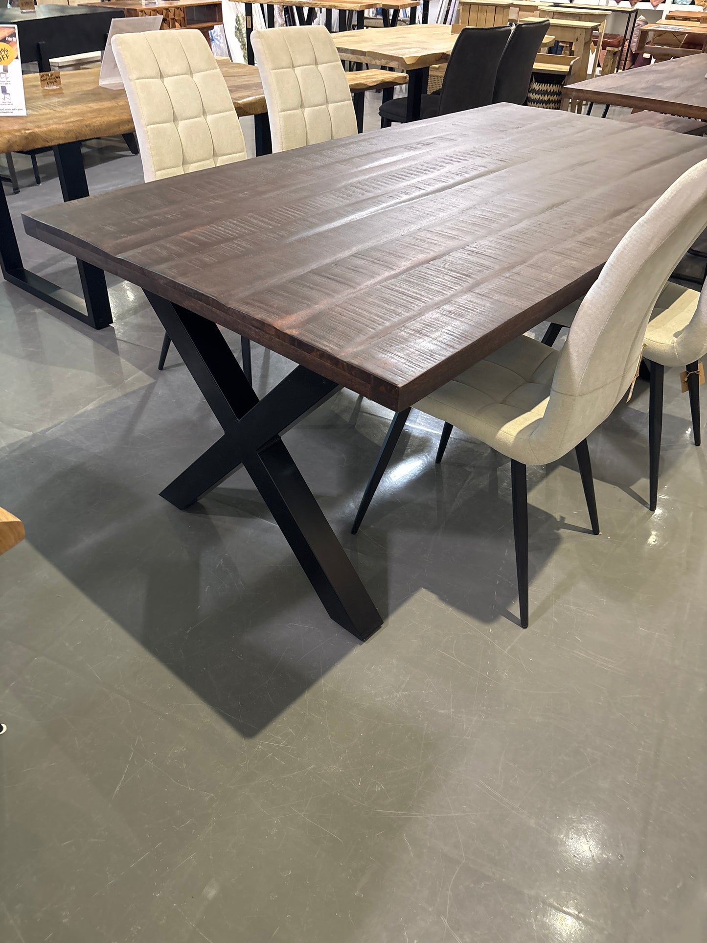 Frontier Chocolate 75 inch mango wood Rectangle Dining Table metal X legs