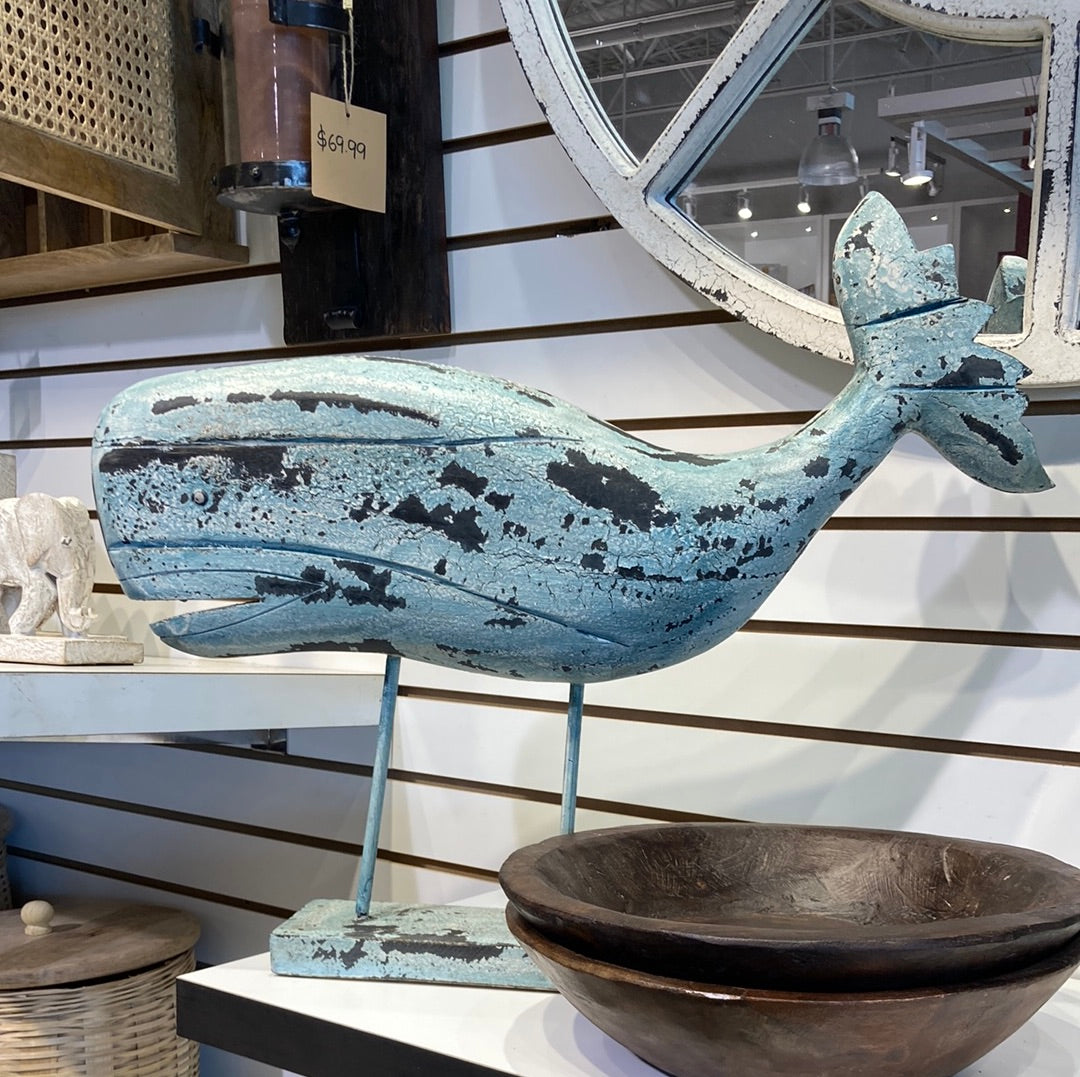 Large Distressed Blue Mango Wood Whale on Stand