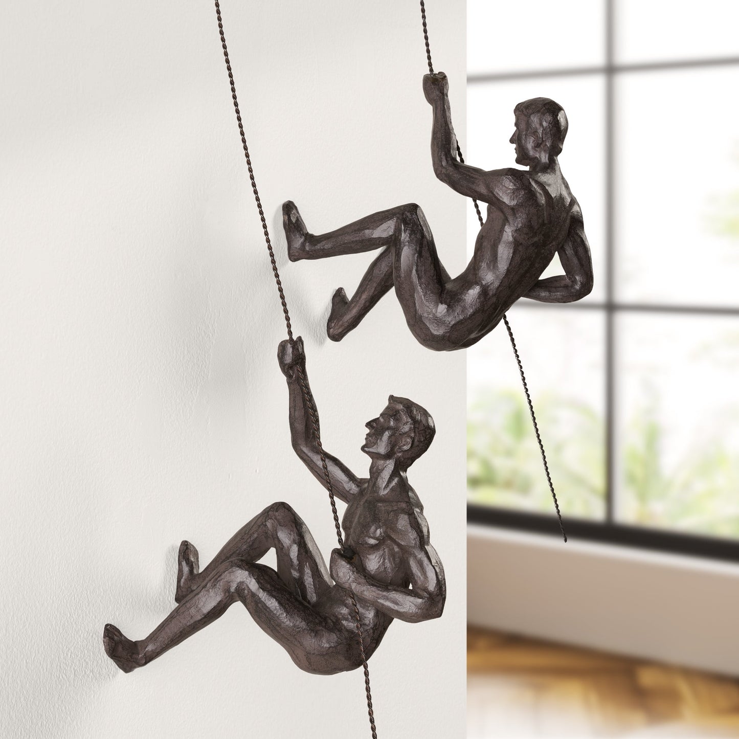Antique Bronze Cliff Resin Men 2 Piece Wall Climbing Sculpture Set