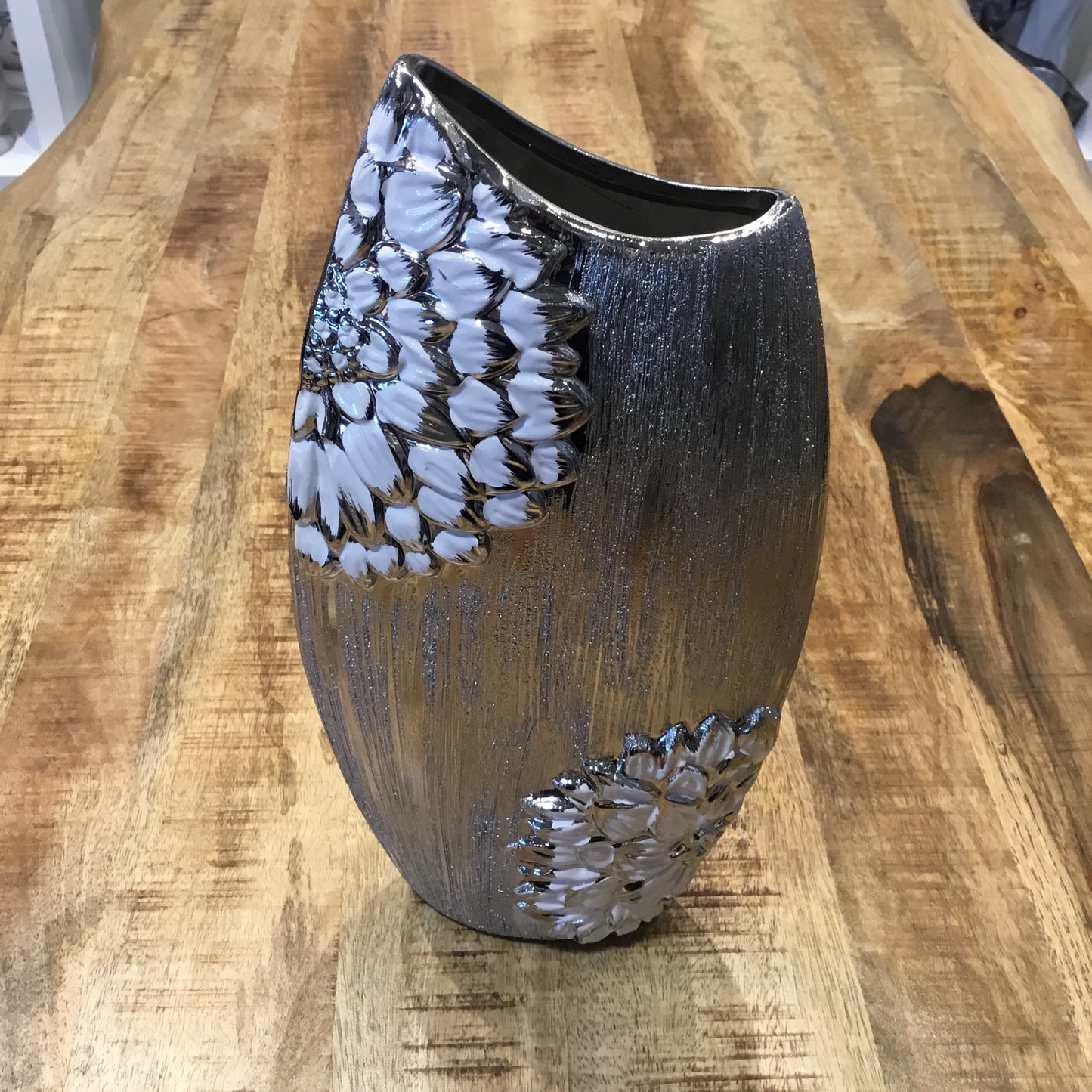 Silver and White Floral Decorative Vase