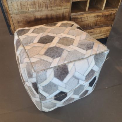 Silver/White Genuine Leather Cube pouf