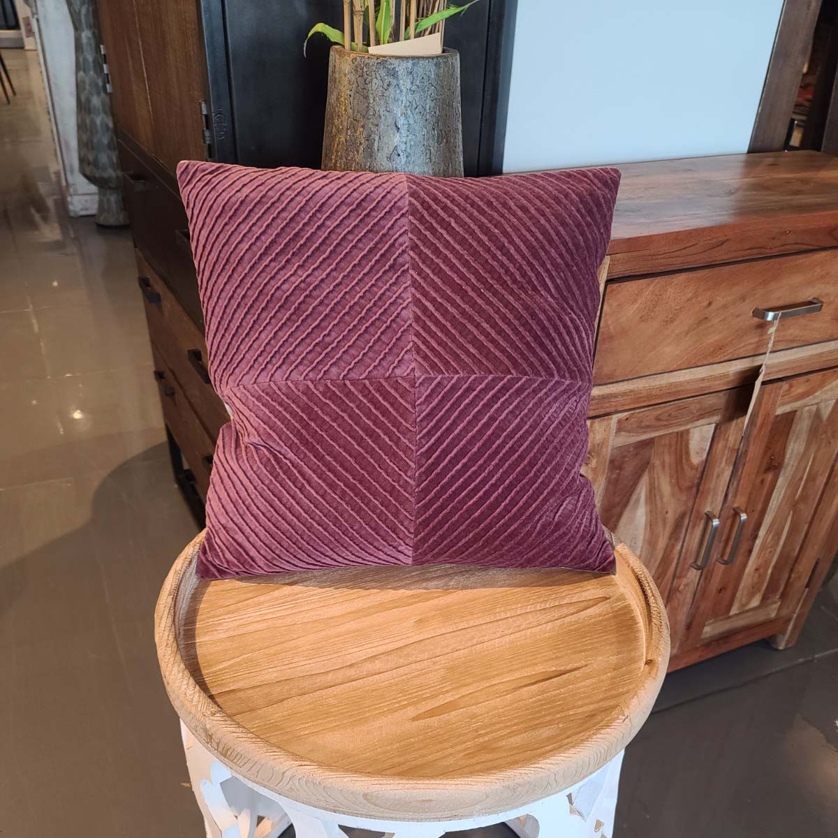 Plum Cotton velvet 18x18 pillow Cover with pleated tucks