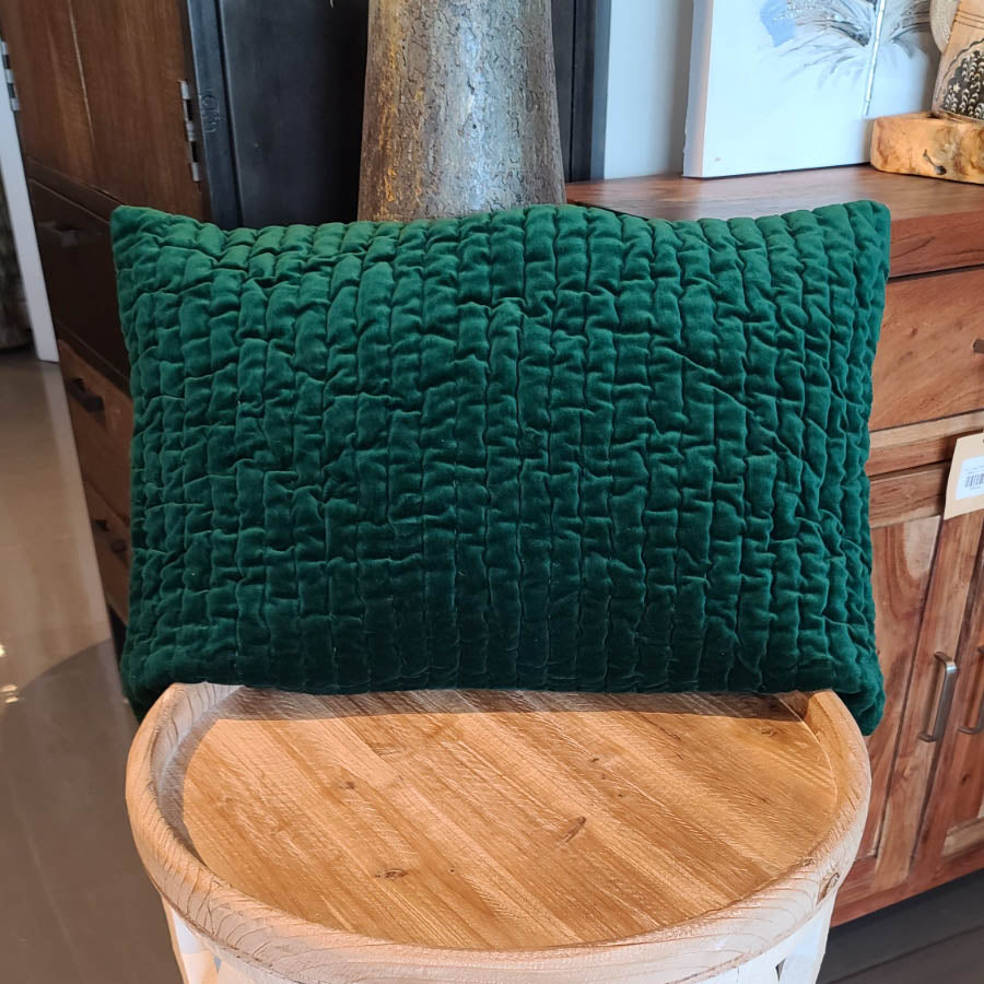 Green Cotton velvet 16 x 24 pillow Cover with hand quilting