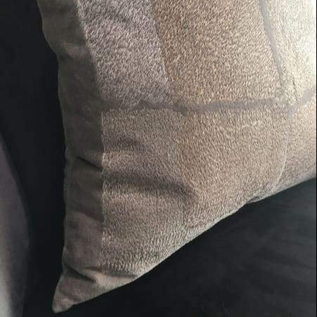 Taupe velvet window embroidered pillow 18 x 18