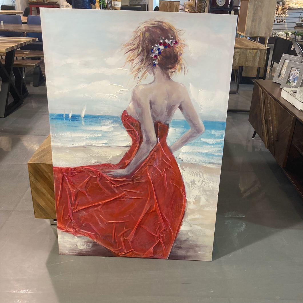 Lady in Red Chiffon Dress by Water Painting