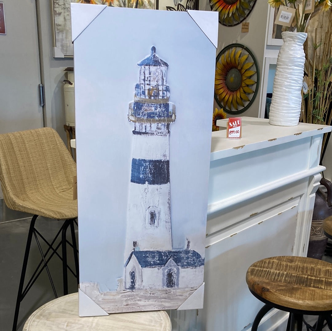 Blue and white lighthouse painting (16 x35)