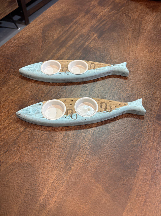 wooden fish with 2 tealight holders (small)