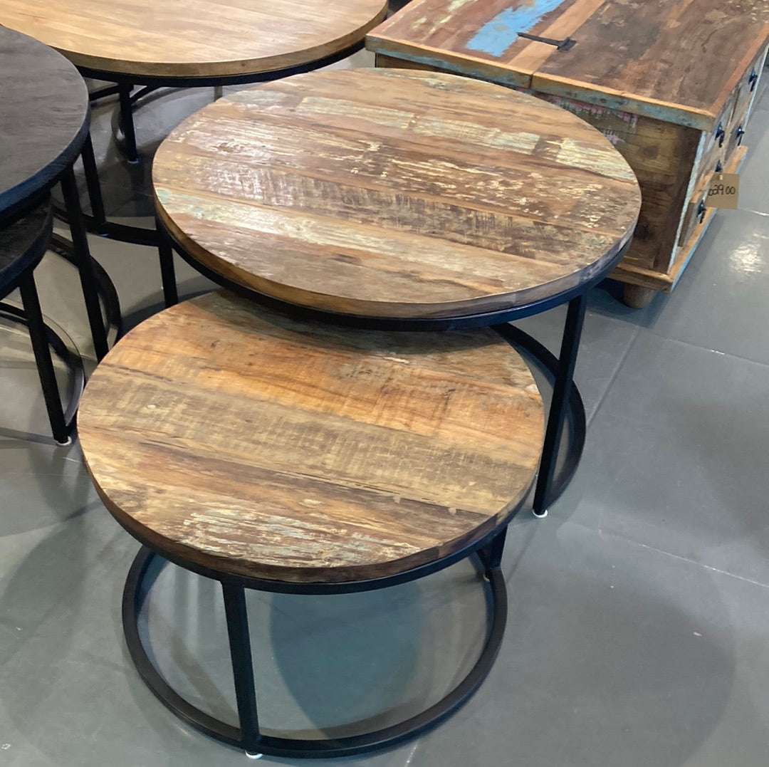 Old wood 30 inch Round nesting coffee tables (set of 2)