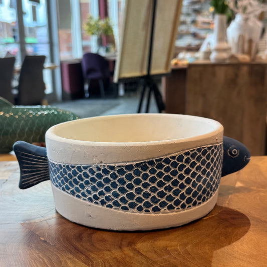 Low pottery container with blue fish