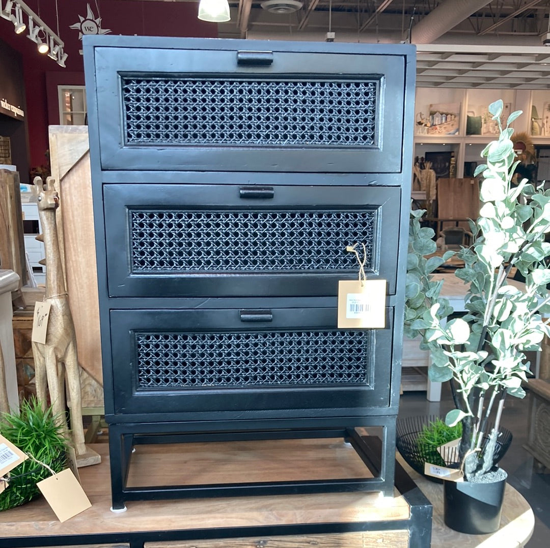 Alena Cane Black 3 drawer nightstand