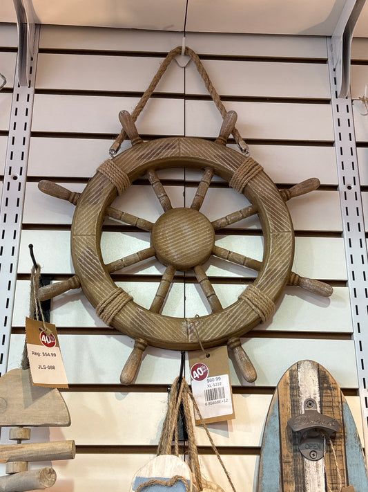 wooden hanging ship wheel with rope decor