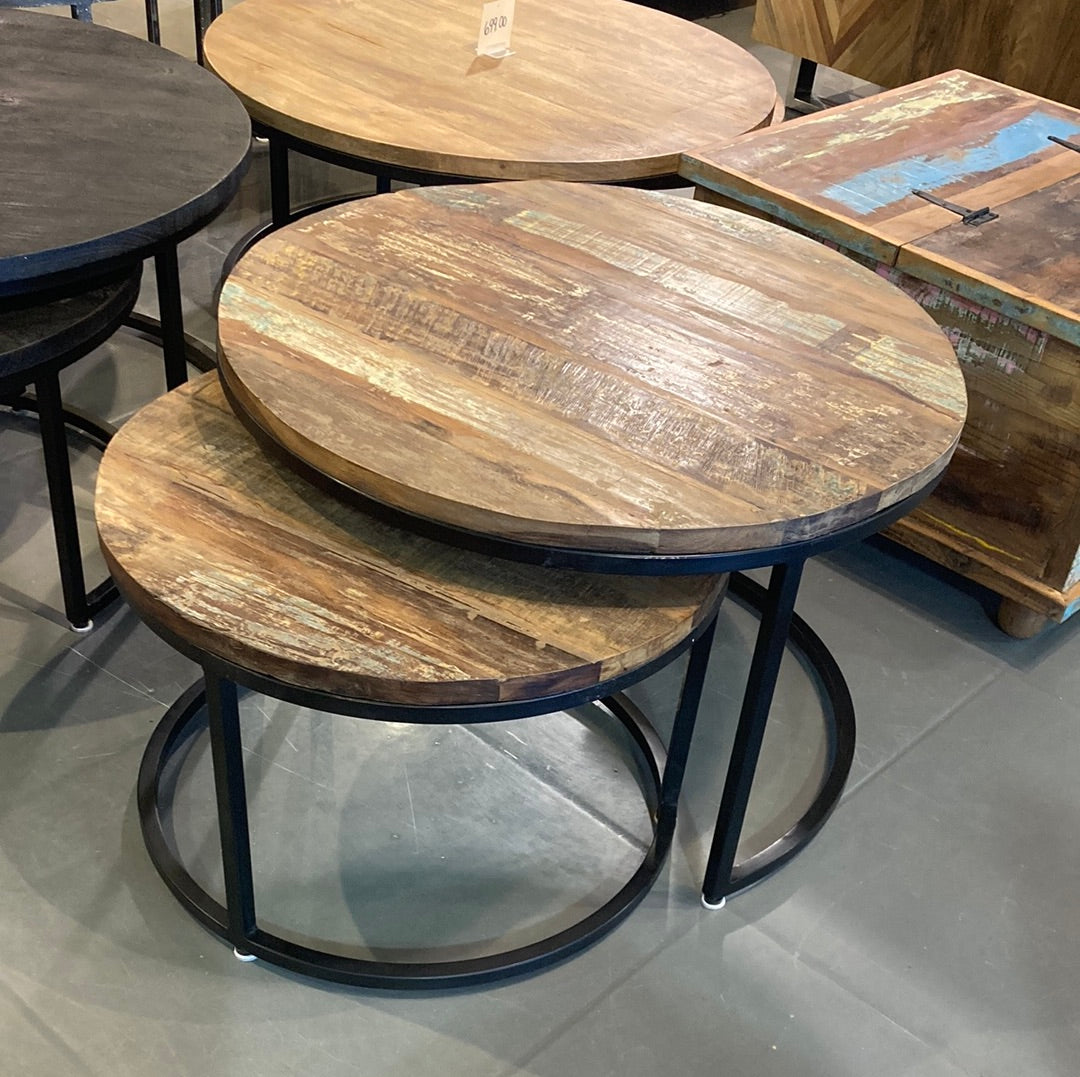 Old wood 30 inch Round nesting coffee tables (set of 2)