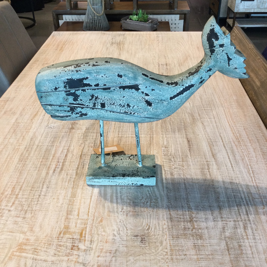 Small Distressed Blue Mango Wood Whale on Stand