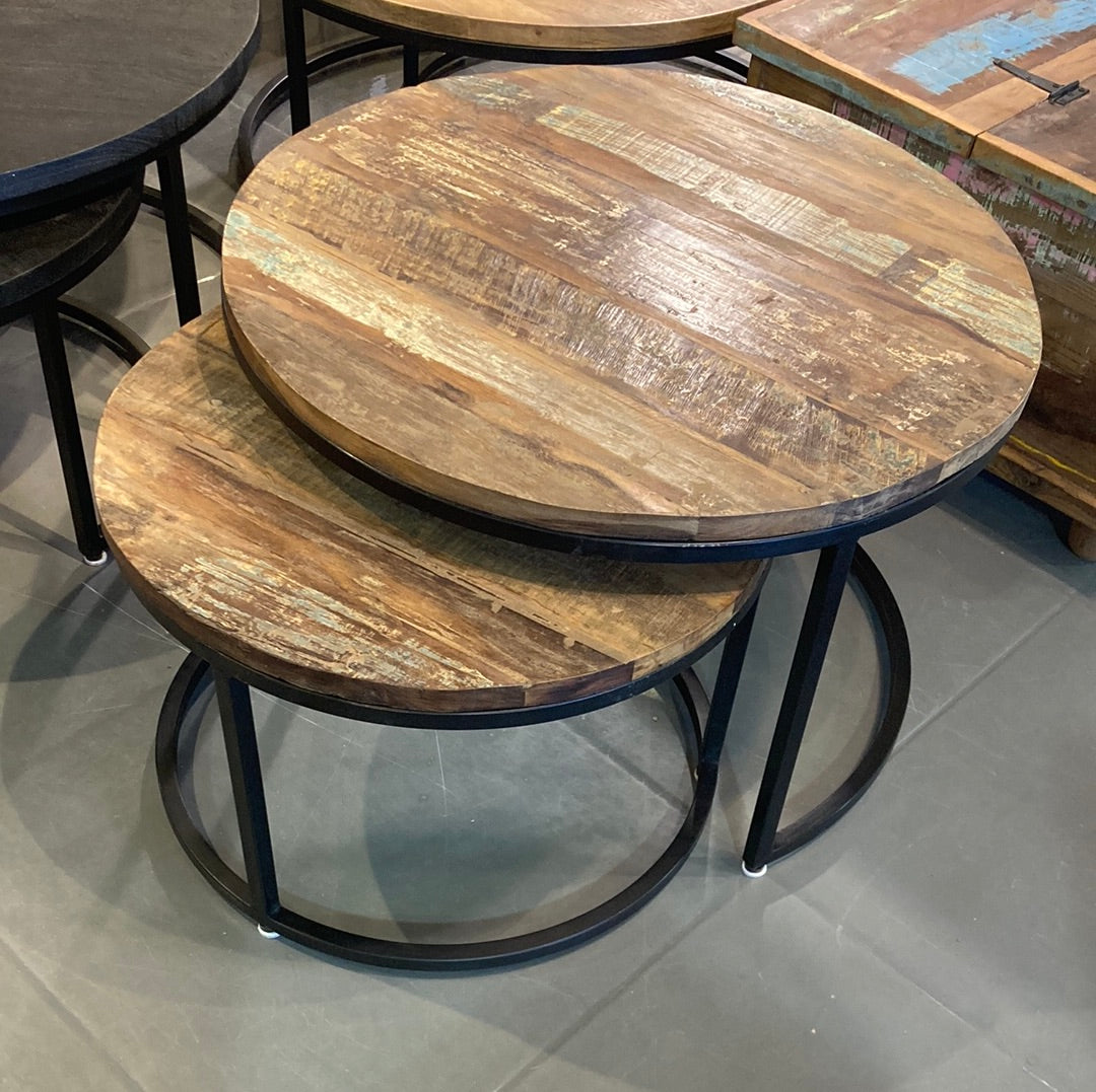 Old wood 30 inch Round nesting coffee tables (set of 2)