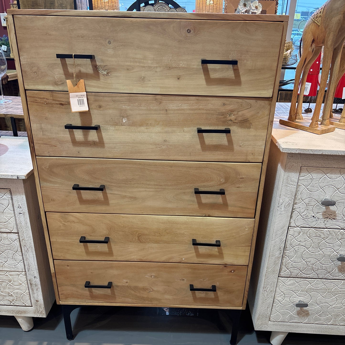 ADAMA- 5 drawers Solid Acacia Wood Tall boy - Smoke Grey