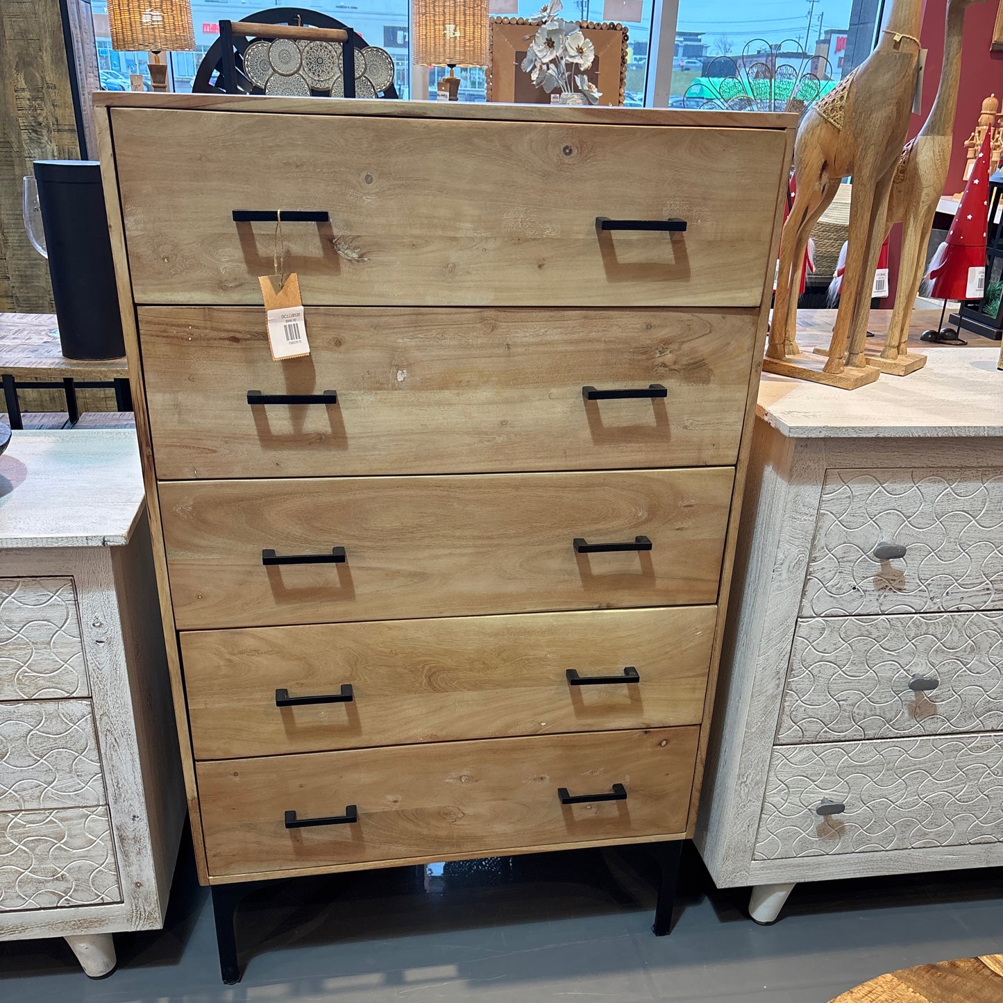 ADAMA- 5 drawers Solid Acacia Wood Tall boy - Smoke Grey