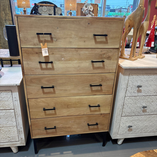 ADAMA- 5 drawers Solid Acacia Wood Tall boy - Smoke Grey