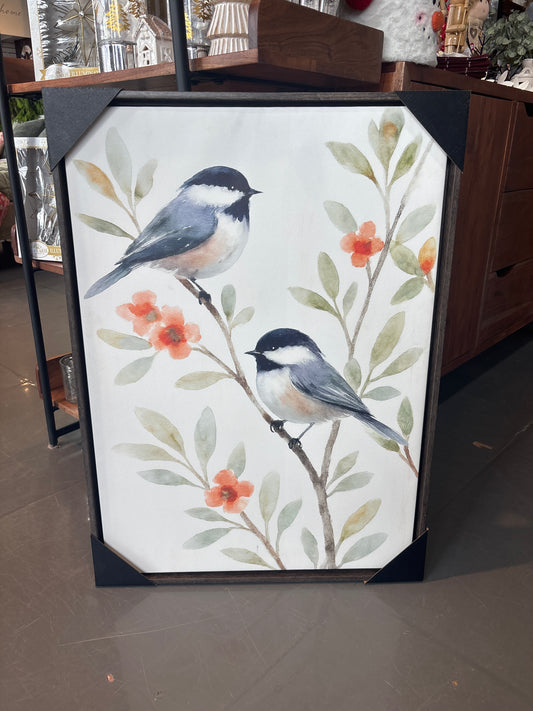 Two Small Birds Perched on Flowering Branch