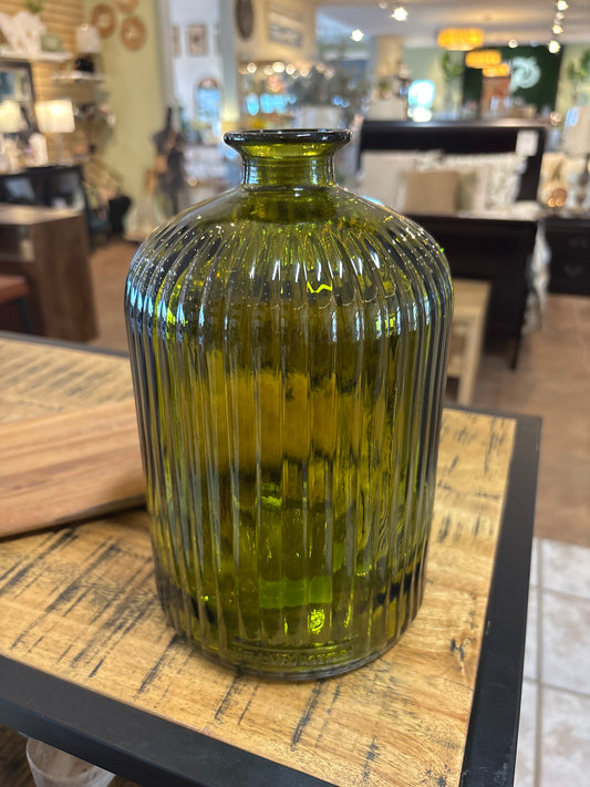 Green ribbed 9” clear glass vase