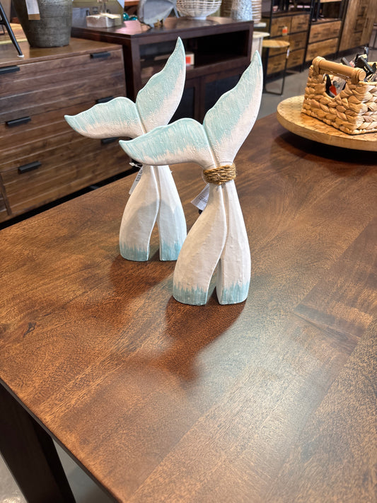 white & turquoise wooden whale tail decor (large)