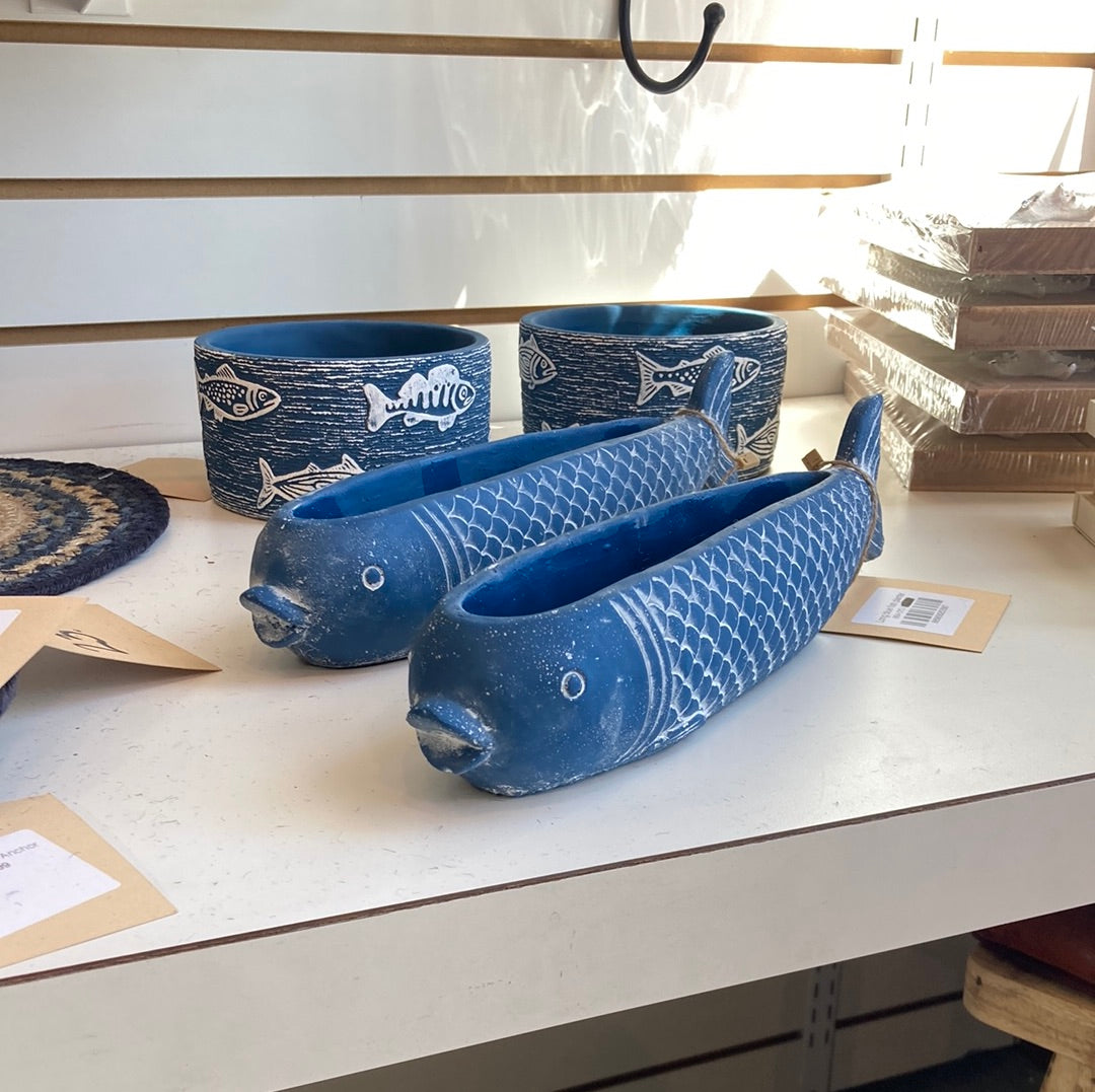 Long blue fish planter