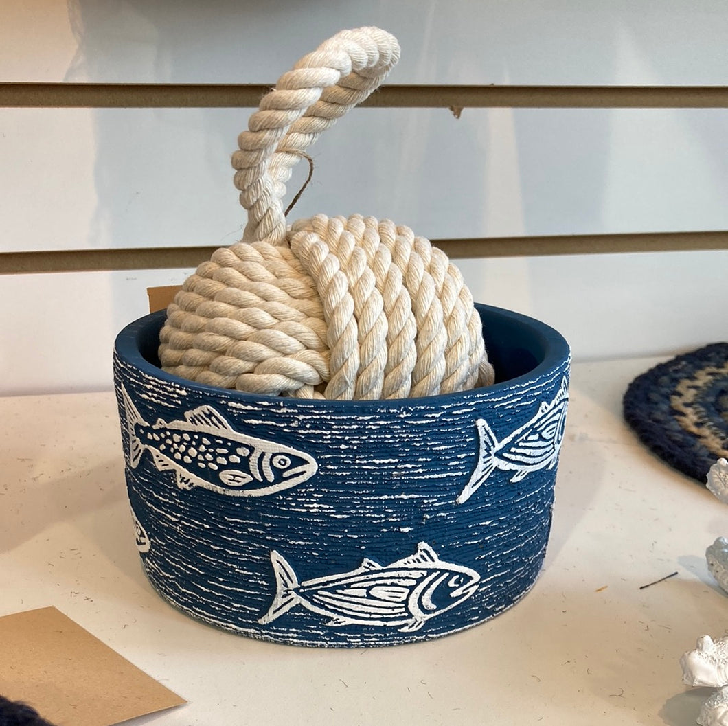 Small decorative blue pot with fishes