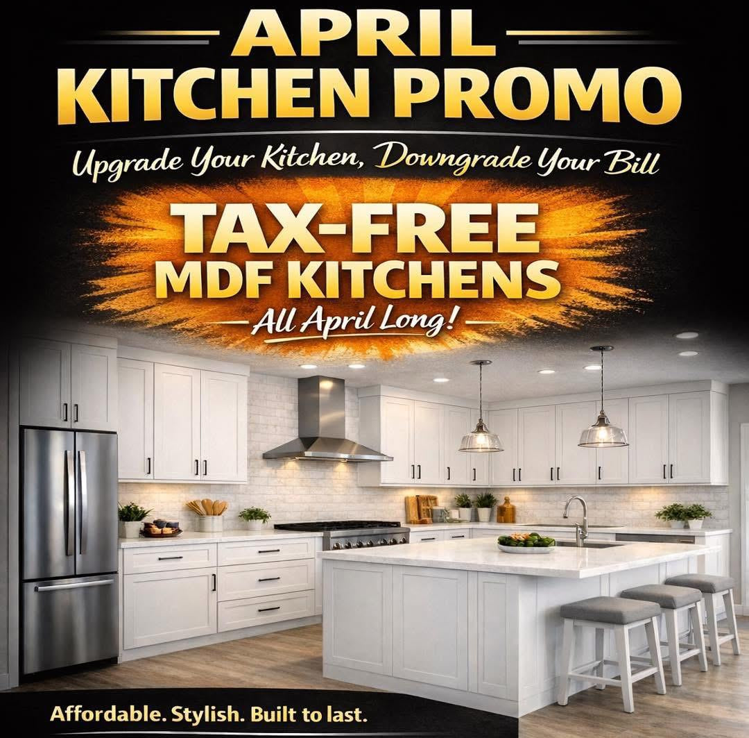 Advertisement for April kitchen promotion with tax-free MDF kitchens.