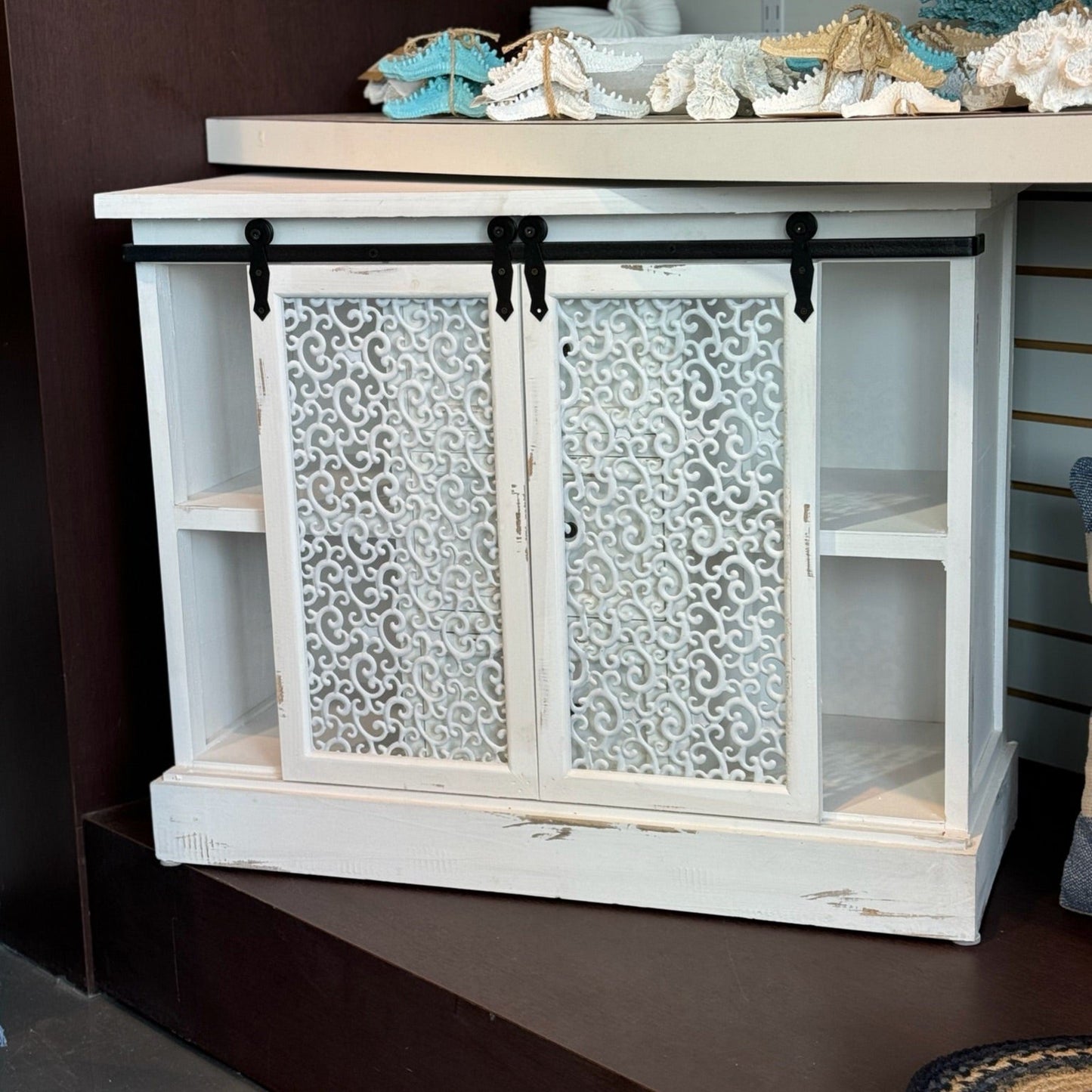 Distressed White Wooden Cabinet sliding doors