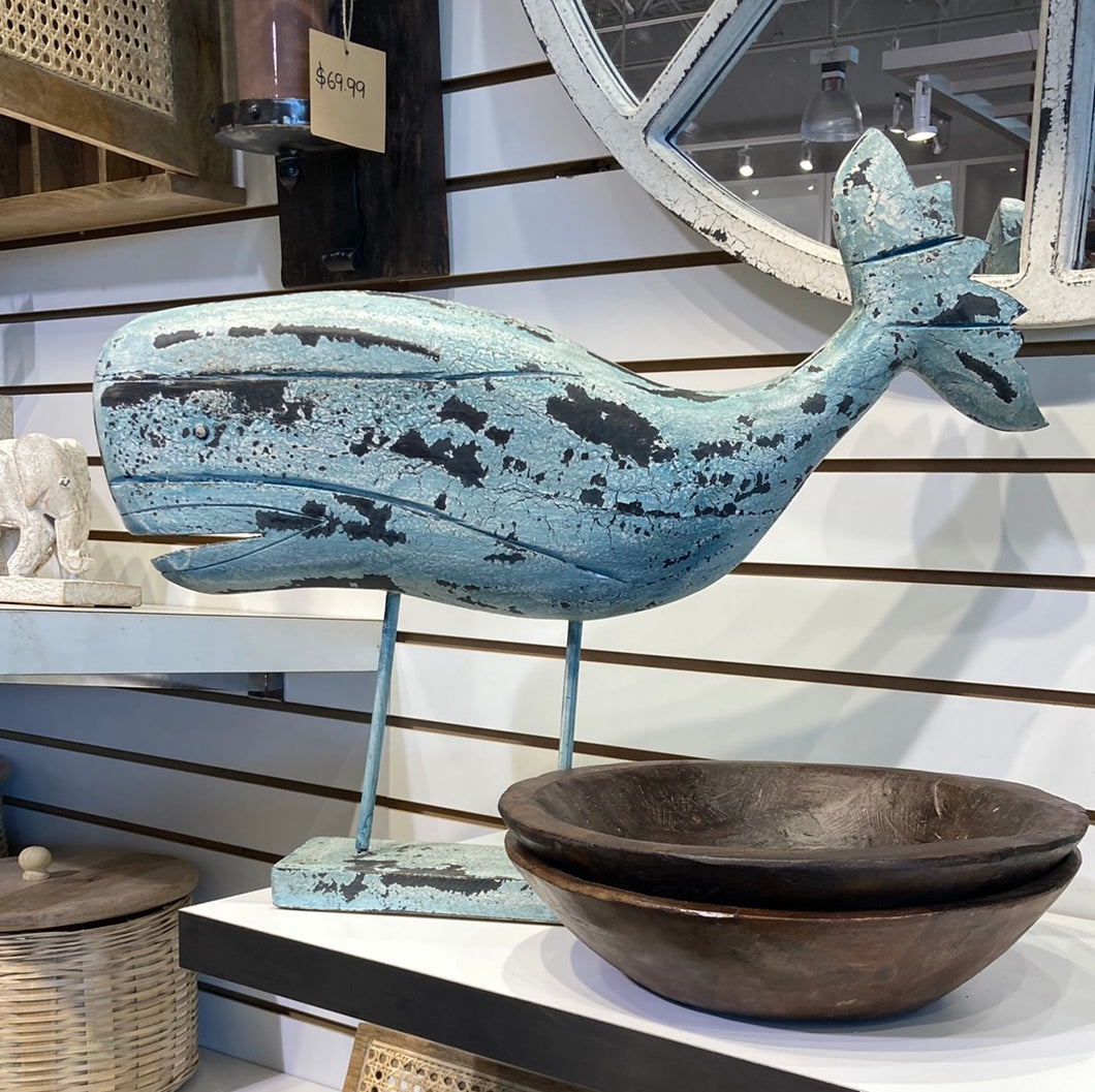 Large Distressed Blue Mango Wood Whale on Stand