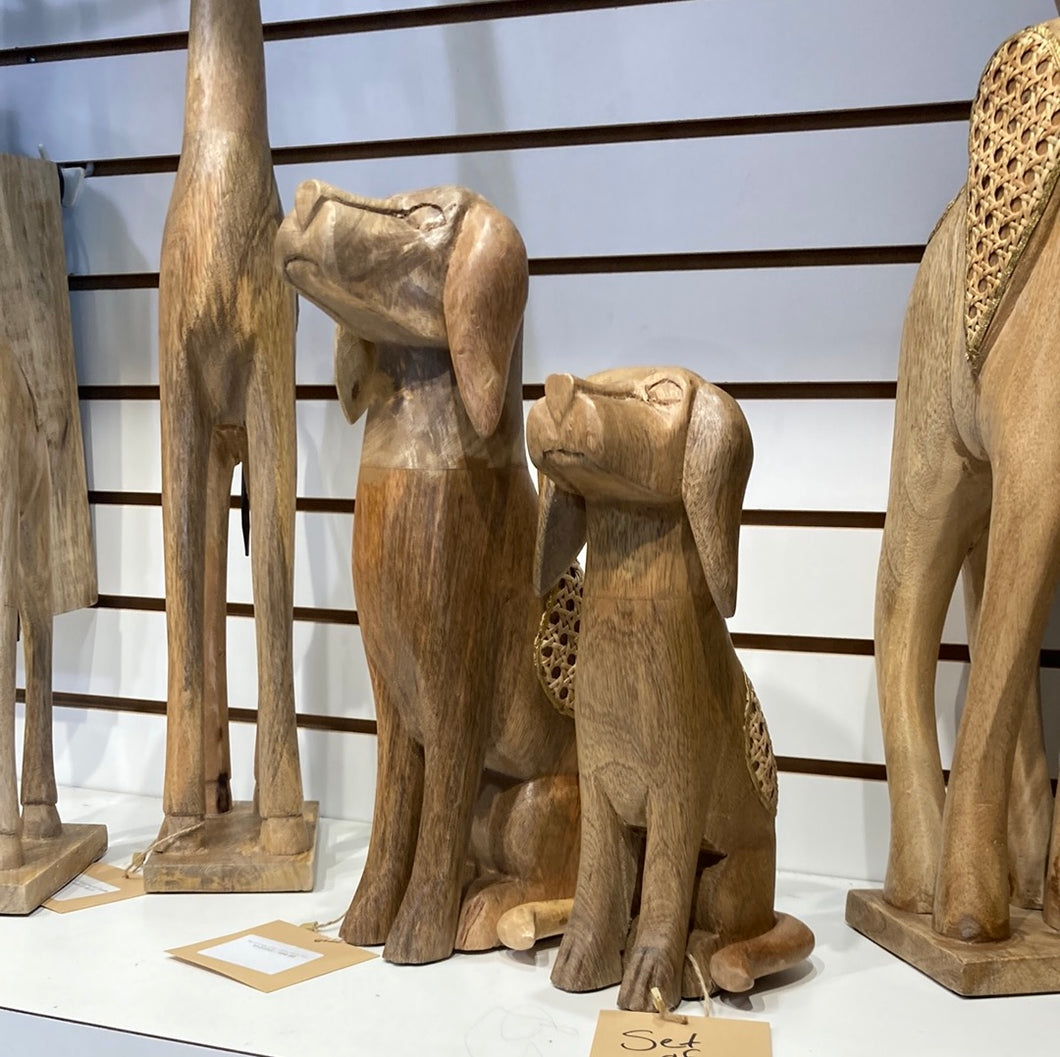 Set of 2 Dogs Artisan Crafted Mango Wood Sculptures