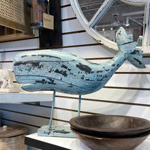 Load image into Gallery viewer, Large Distressed Blue Mango Wood Whale on Stand
