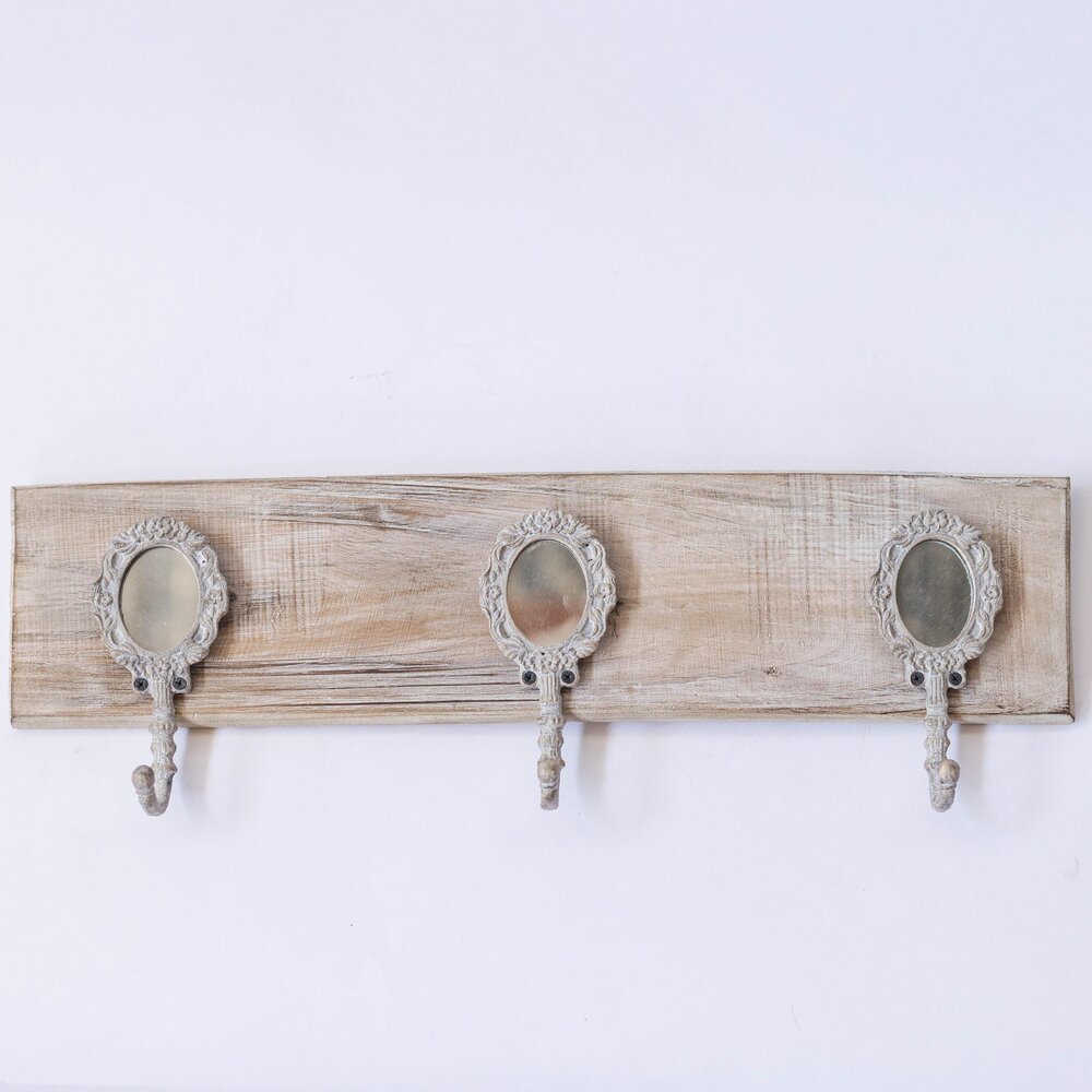 Wooden Rack with Hooks and Mirrors