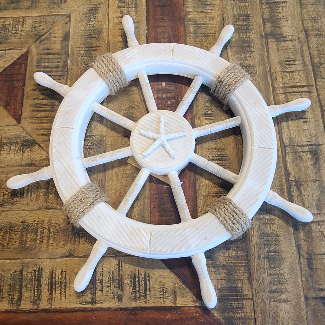 White Sailers Ship Wheel with Twine Accents