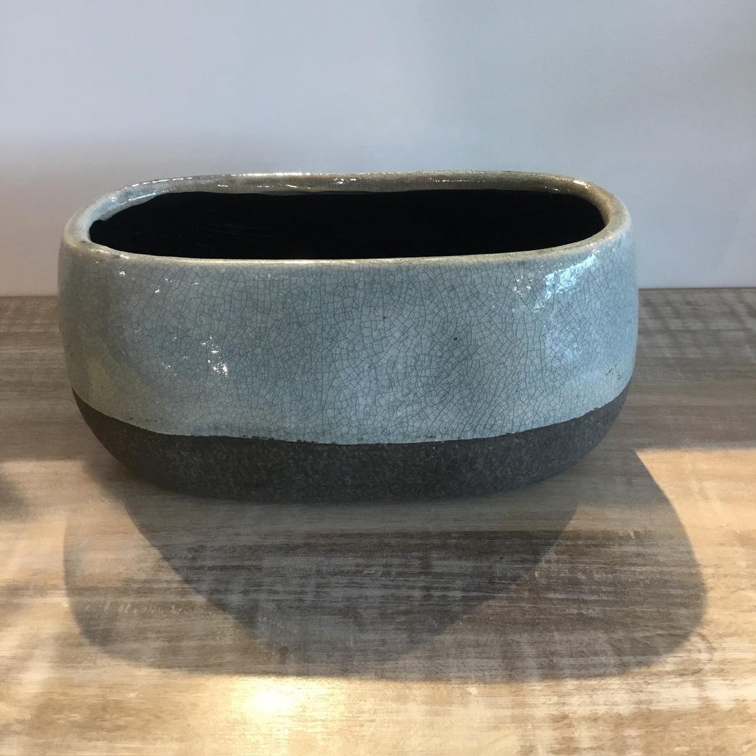 Corsica Ceramic Crackle 2 Tone Oval Pot Short - Celadon Blue