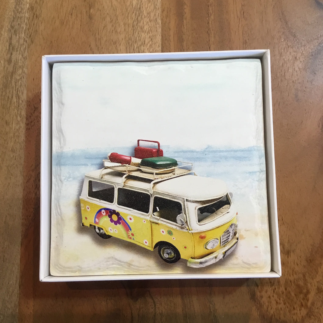 VW Buses at the Beach Ceramic Coasters (Set of 4)
