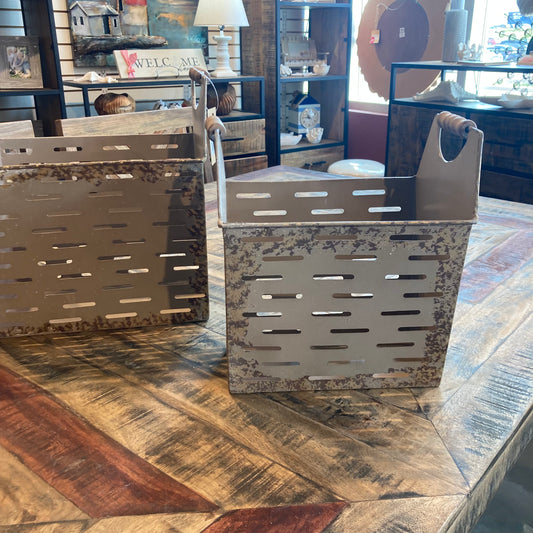 Antiqued Metal Storage Bin with handles