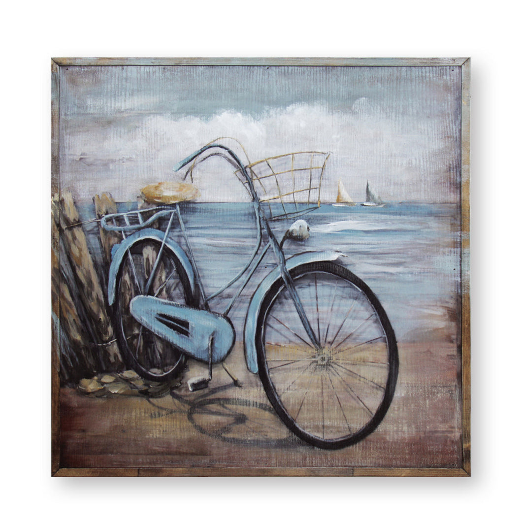 Blue Bicycle 3D Metal Décor, Oil Painting on Wood