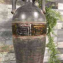 Load image into Gallery viewer, Tall grey tones floor vase with Egyptian style golden accents

