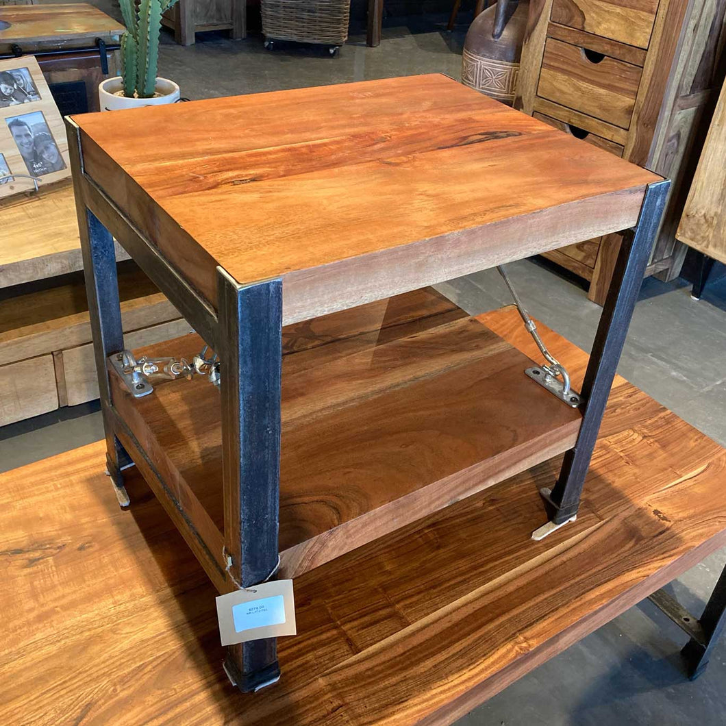 Industrial acacia end table with wires
