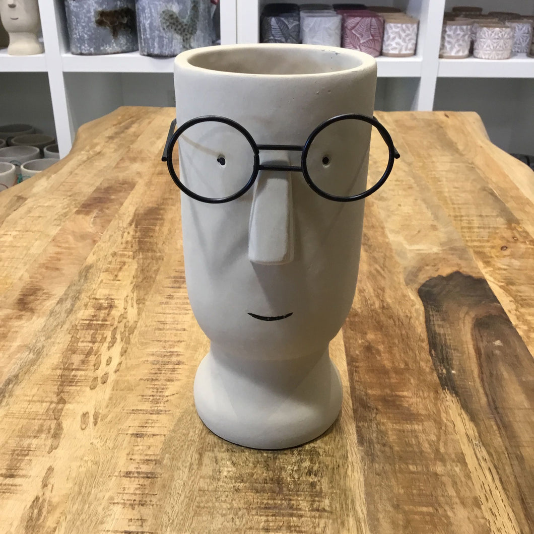 Large Cement Planter of a Face with Glasses