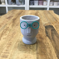 Small Planter of a Face with Green Glasses